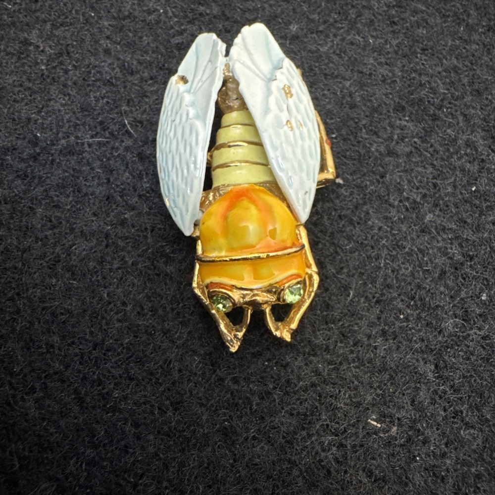 Vintage 1950's Gorgeous Enamel Cicada Brooch Multicolored Gold Tone